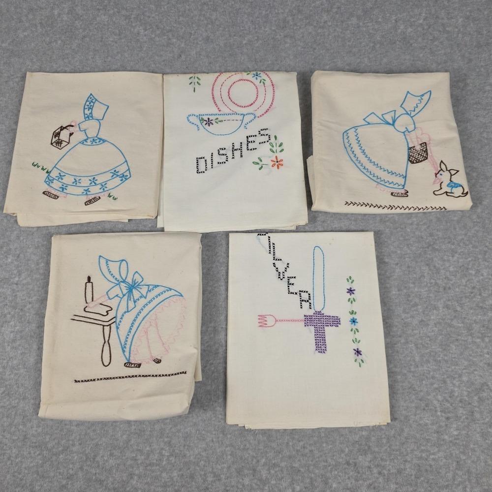 Vintage Embroidered Sunbonnet Sue Kitchen Tea Towels Set Of 5 Dishes Multicolor
